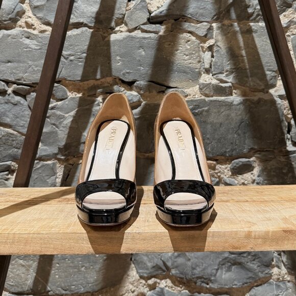 Prada Beige Black Patent Open Toe Pumps - Picture 2 of 10